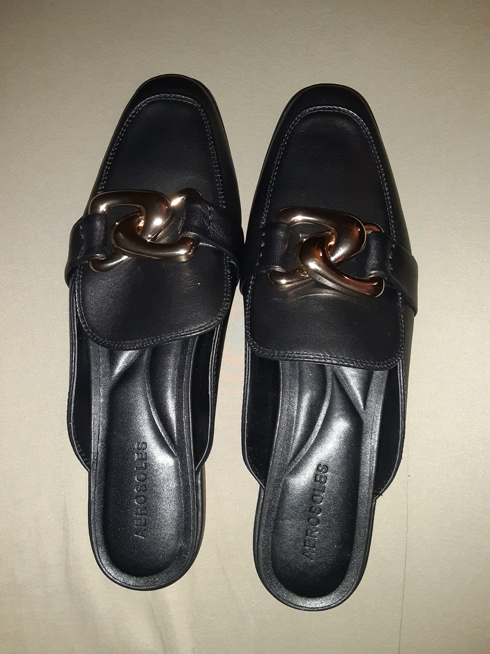 AEROSOLES Black Slip-On Flat Mules with Gold Chain Detail Size 11